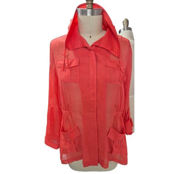 Chico's Other - Chico's Orange Sheer Polyester Jacket Tie Waist Textured Button Up Sz 1( S/M)